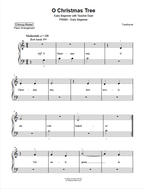 Primer Christmas Carols: 9 Solos with Teacher Duets Sample Page