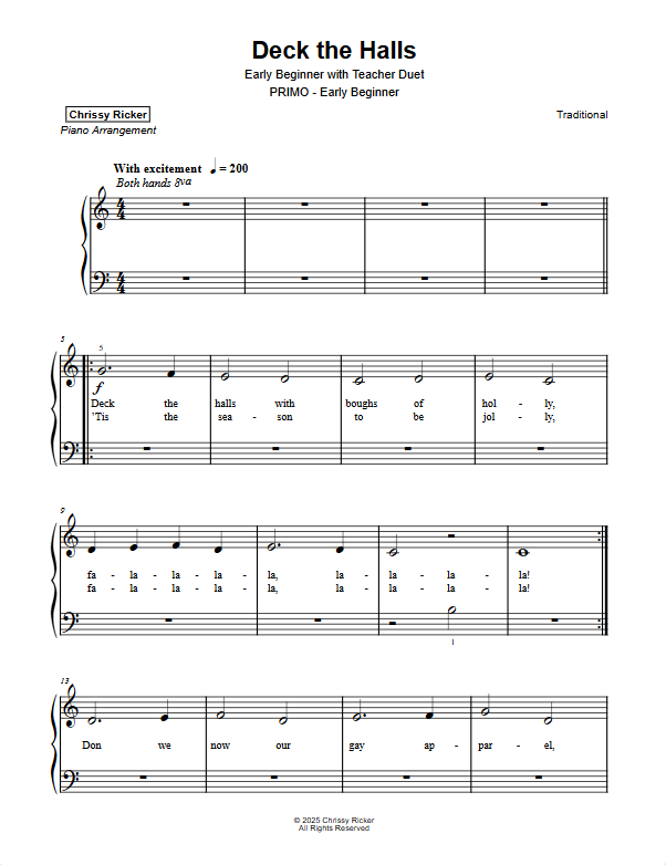 Primer Christmas Carols: 9 Solos with Teacher Duets Sample Page
