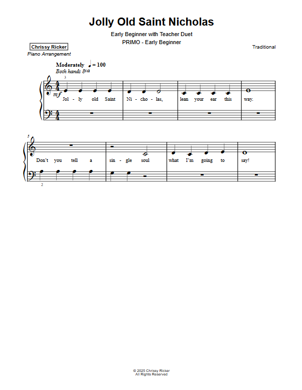 Primer Christmas Carols: 9 Solos with Teacher Duets Sample Page