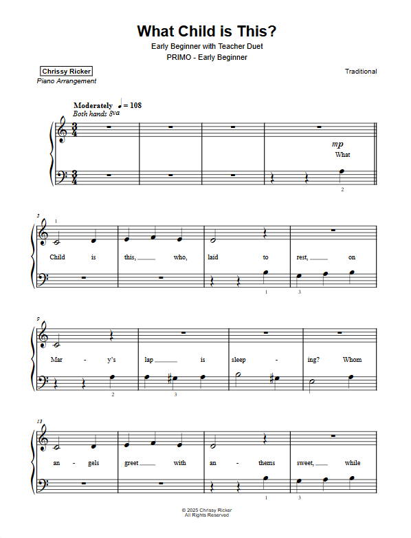 Primer Christmas Carols: 9 Solos with Teacher Duets Sample Page