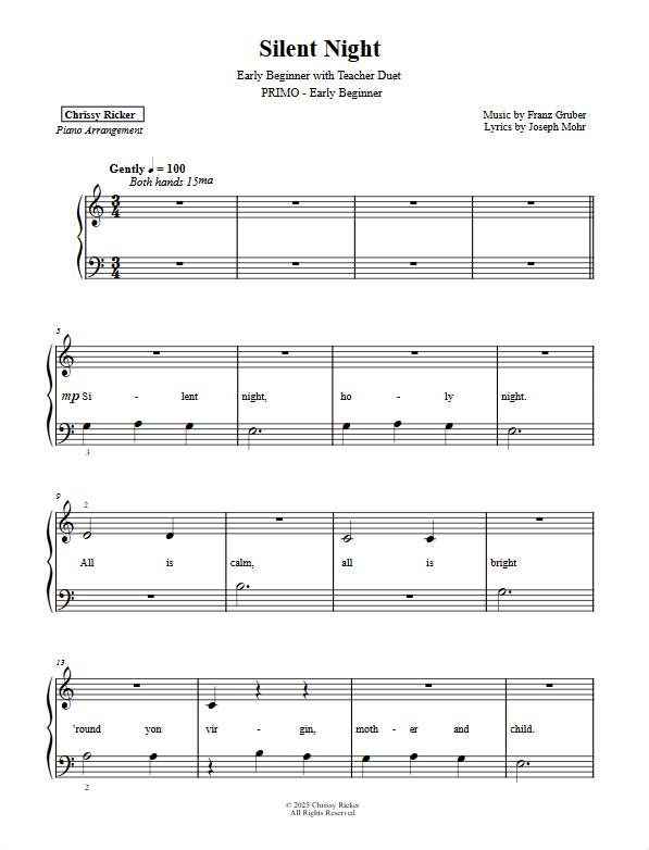 Primer Christmas Carols: 9 Solos with Teacher Duets Sample Page