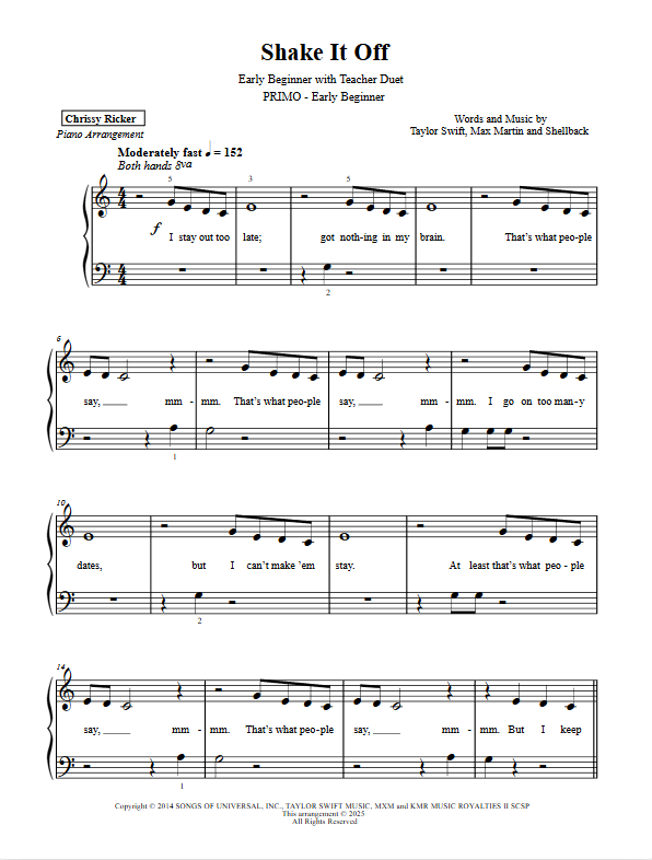 Primer Taylor Swift Hits: 7 Solos with Teacher Duets Sample Page