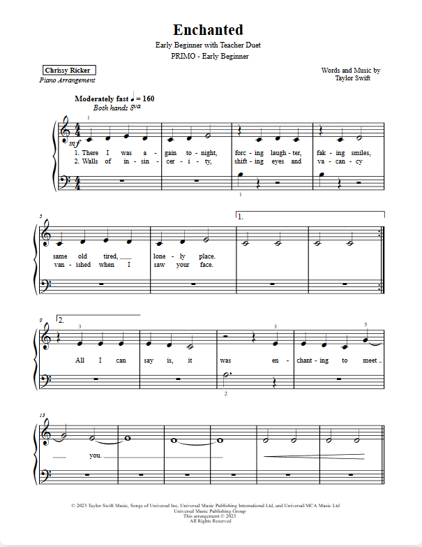 Primer Taylor Swift Hits: 7 Solos with Teacher Duets Sample Page