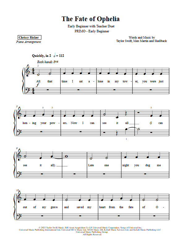 Primer Taylor Swift Hits: 7 Solos with Teacher Duets Sample Page