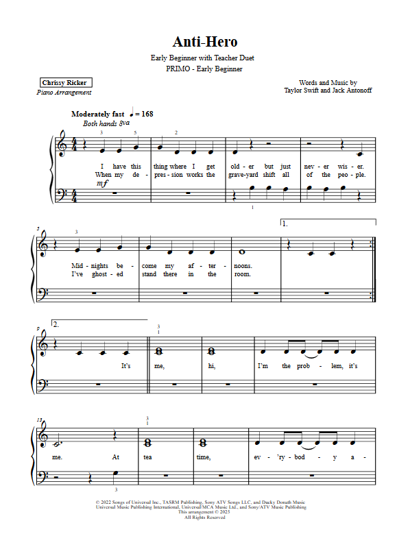 Primer Taylor Swift Hits: 7 Solos with Teacher Duets Sample Page